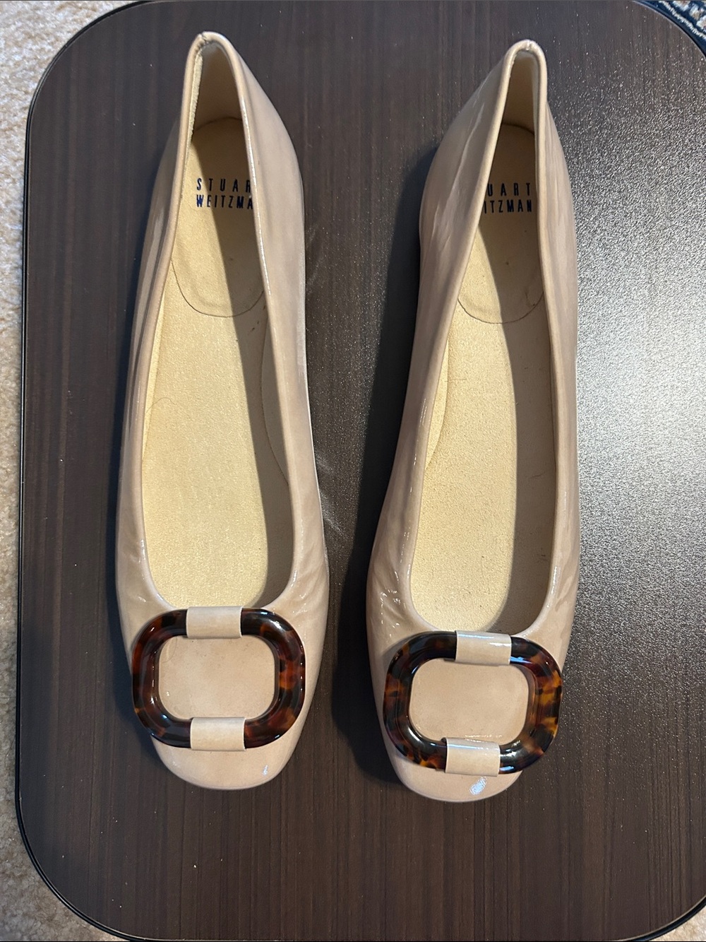 Stuart Weitzman Beige Patent Leather Flats with Buckle 8.5 Med. NWOT